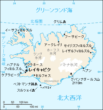 主要都市の記載されたアイスランド地図