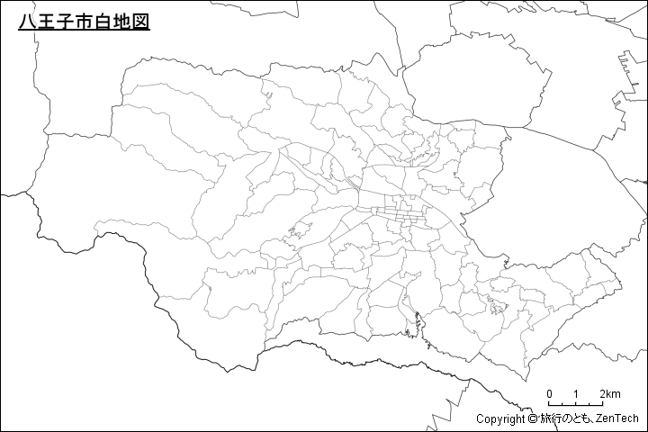 八王子市白地図、市内の町区分