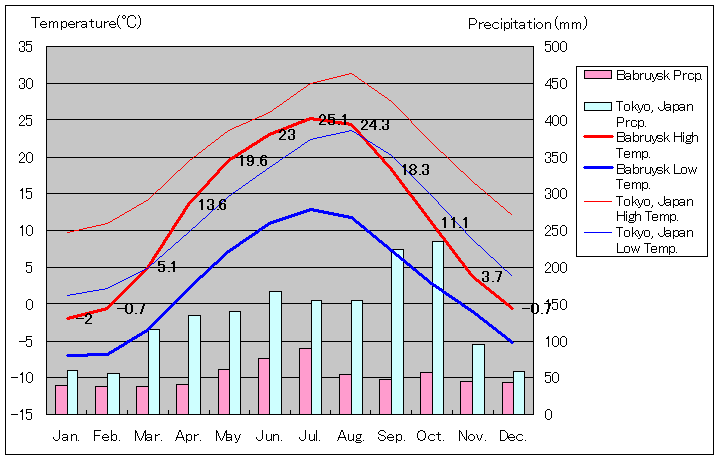 バブルイスク気温、一年を通した月別気温グラフ