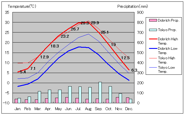 ドブリチ気温、一年を通した月別気温グラフ