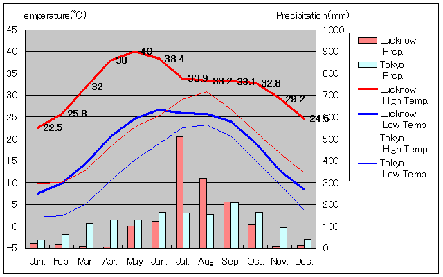 ラクナウ気温、一年を通した月別気温グラフ