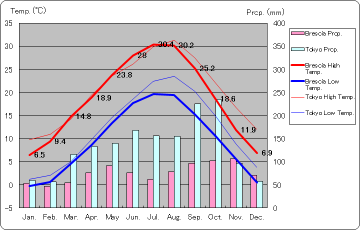 ブレシア気温、一年を通した月別気温グラフ