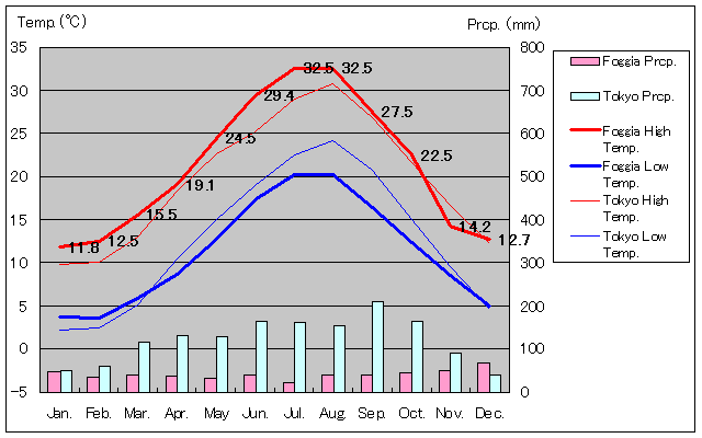 フォッジャ気温、一年を通した月別気温グラフ