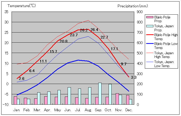 ビイェロ・ポリェ気温、一年を通した月別気温グラフ