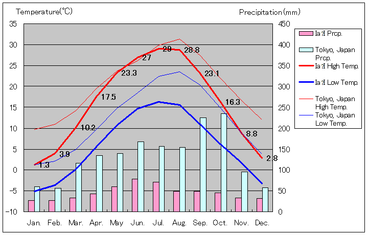 ヤシ気温、一年を通した月別気温グラフ