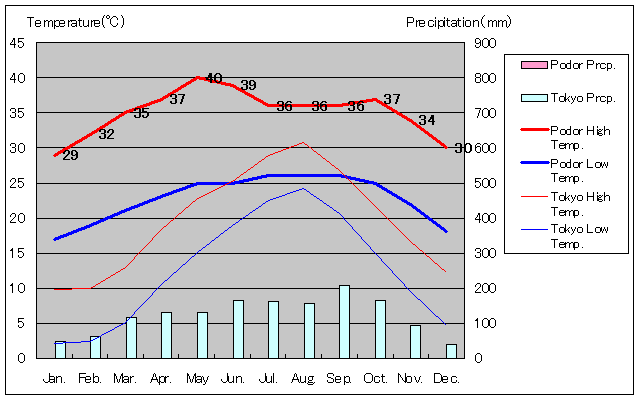 ポドル気温、一年を通した月別気温グラフ