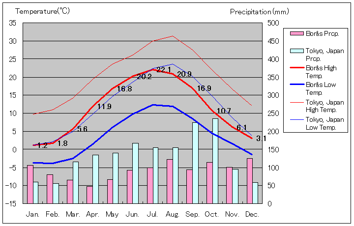 ボロース気温、一年を通した月別気温グラフ