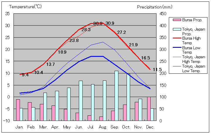 ブルサ気温、一年を通した月別気温グラフ