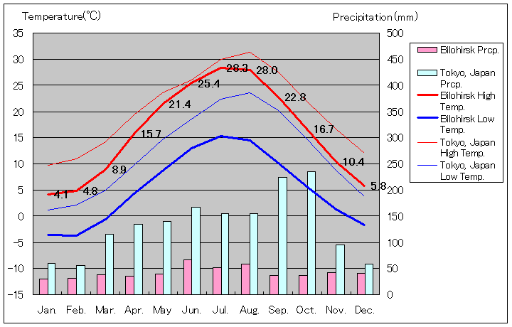 ベロゴルスク気温、一年を通した月別気温グラフ