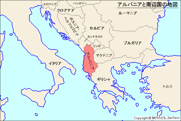アルバニアと周辺国の地図