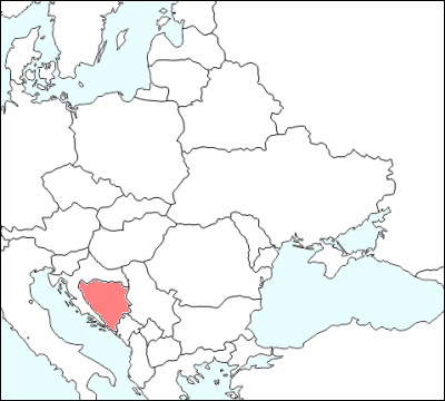 東ヨーロッパにおけるボスニア・ヘルツェゴビナ地図