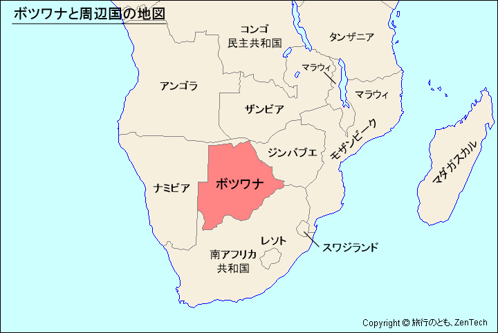 ボツワナと周辺国の地図
