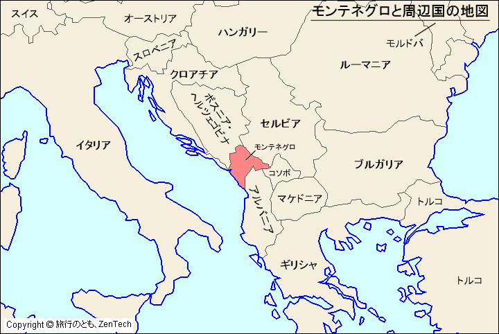 モンテネグロと周辺国の地図