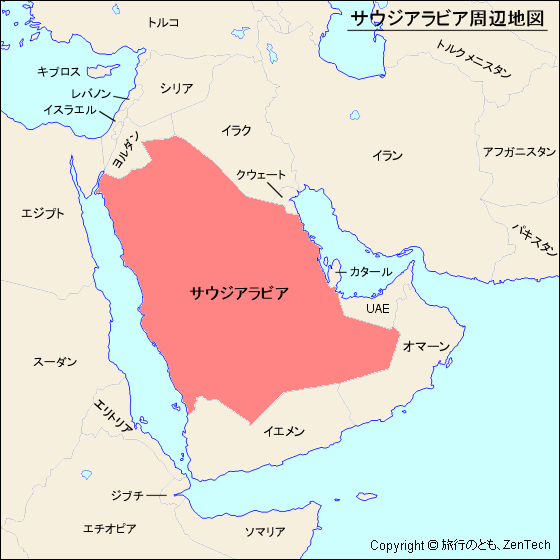 サウジアラビアと周辺国の地図