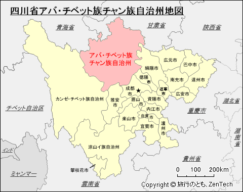四川省アバ・チベット族チャン族自治州地図