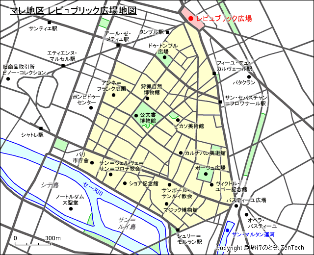 マレ地区 レピュブリック広場地図