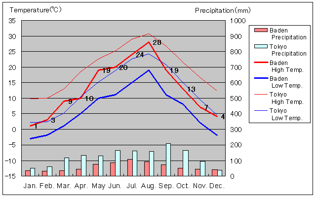 バーデン気温、一年を通した月別気温グラフ