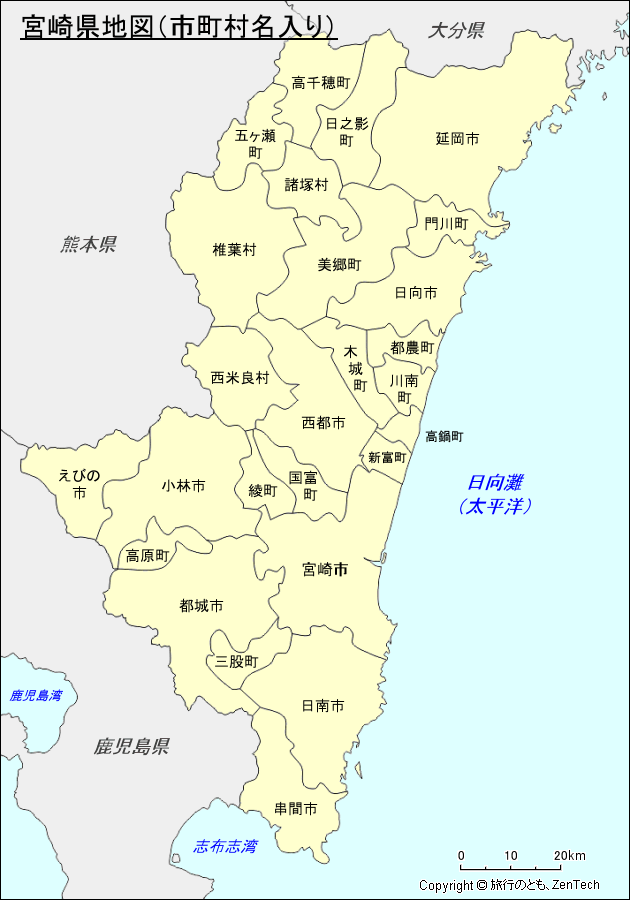 宮崎県地図（市町村名入り）