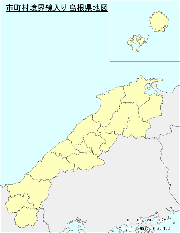 市町村境界線入り 島根県地図