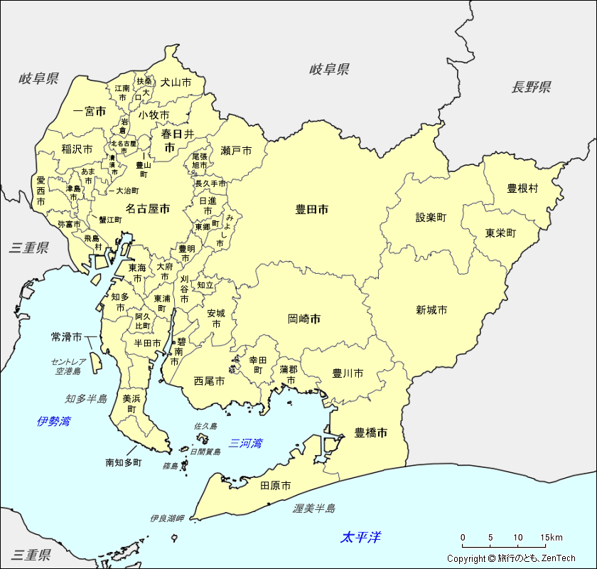 市町村名入り愛知県地図