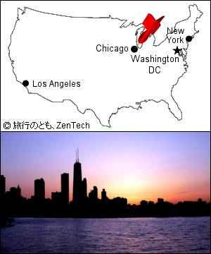 シカゴ地図とネイビーピアから見たシカゴの写真