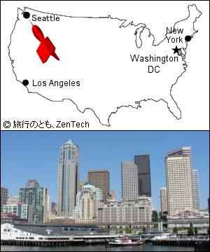 シアトル地図とピュージェット・サウンドから見たシアトルのスカイラインの写真
