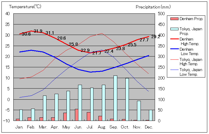 デナム気温、一年を通した月別気温グラフ