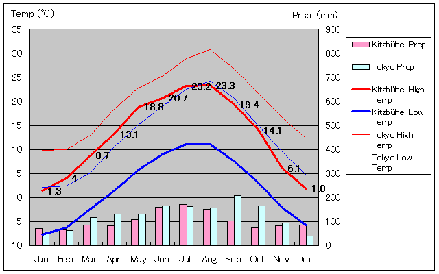 キッツビュール気温、一年を通した月別気温グラフ