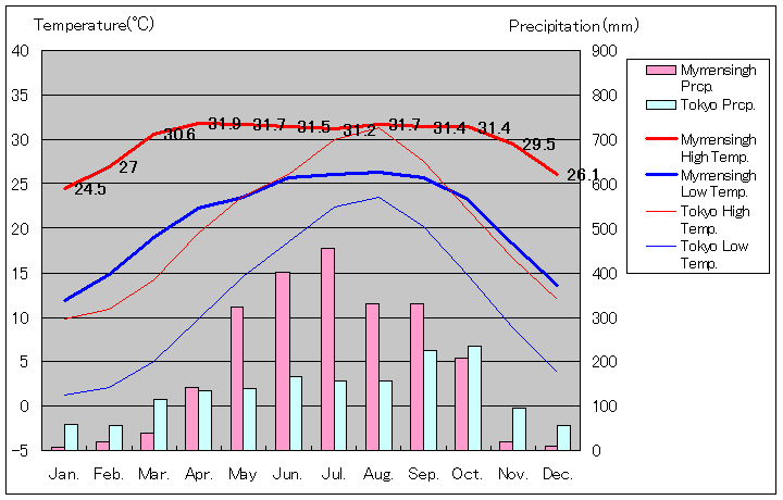 マイメンシン気温、一年を通した月別気温グラフ