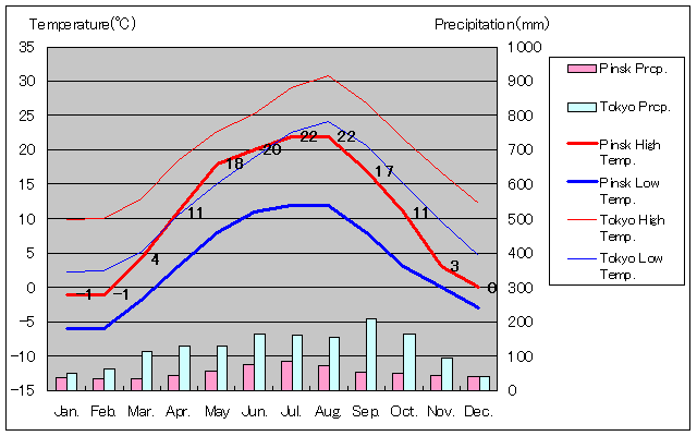 ピンスク気温、一年を通した月別気温グラフ