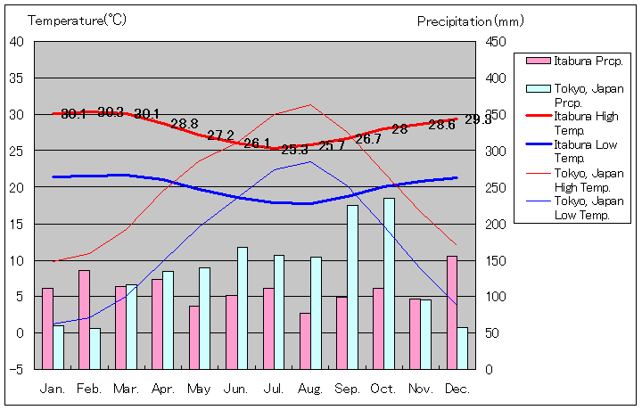 イタブーナ気温、一年を通した月別気温グラフ