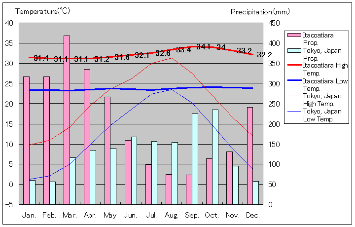 イタコアティアラ気温、一年を通した月別気温グラフ