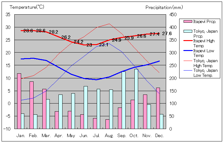 イタペヴィ気温、一年を通した月別気温グラフ