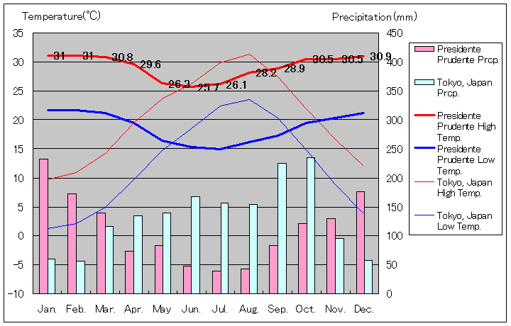 プレジデンテ・プルデンテ気温、一年を通した月別気温グラフ