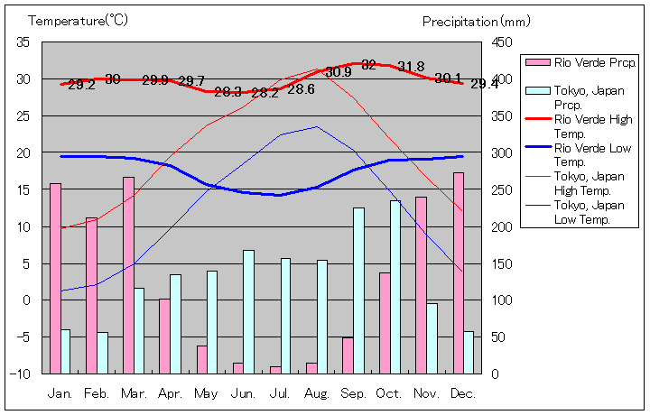 リオ・ベルデ気温、一年を通した月別気温グラフ