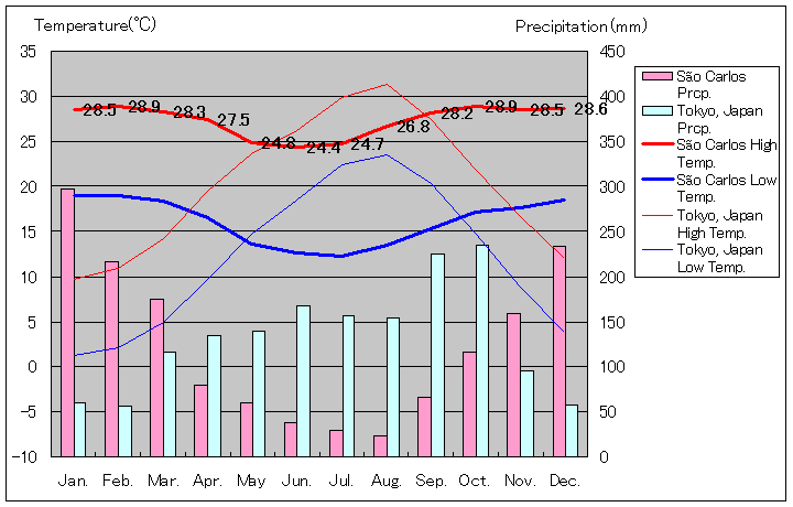 サン・カルロス気温、一年を通した月別気温グラフ