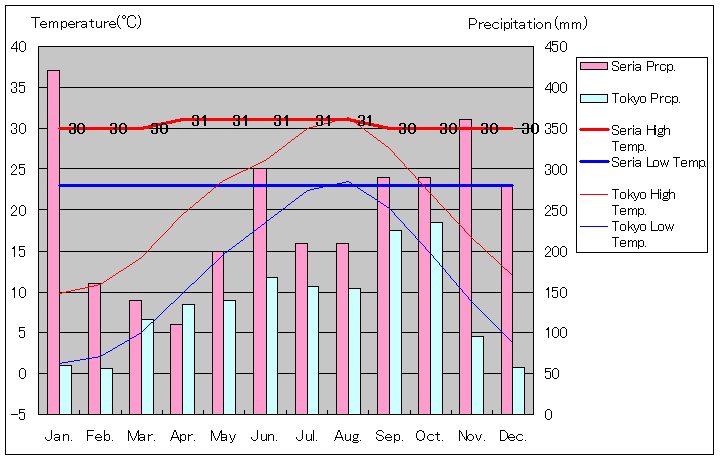 セリア気温、一年を通した月別気温グラフ