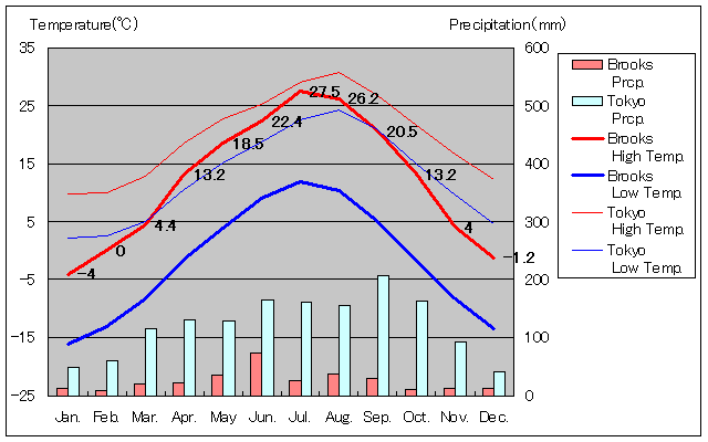 ブルックス気温、一年を通した月別気温グラフ