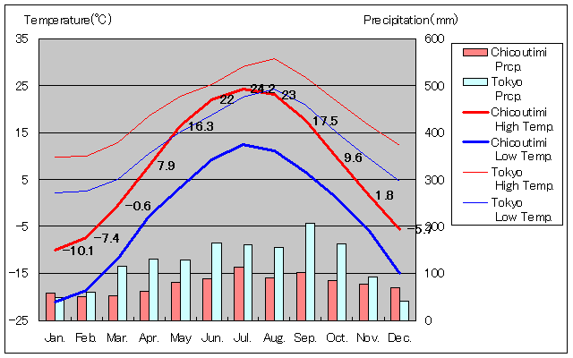 サグネ市シクチミ気温、一年を通した月別気温グラフ