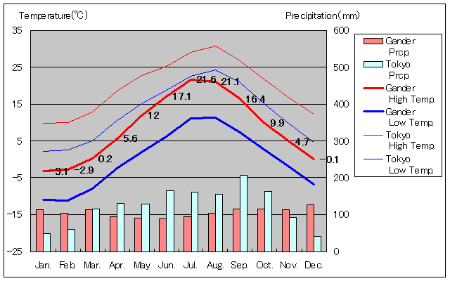 ガンダー気温、一年を通した月別気温グラフ