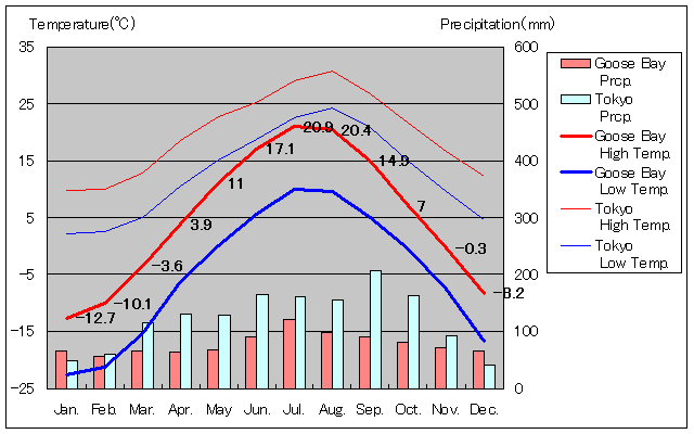 グース・ベイ気温、一年を通した月別気温グラフ