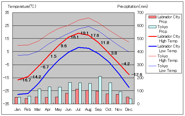 ラブラドール・シティ気温、一年を通した月別気温グラフ