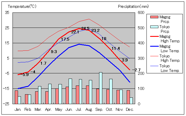 マゴグ気温、一年を通した月別気温グラフ
