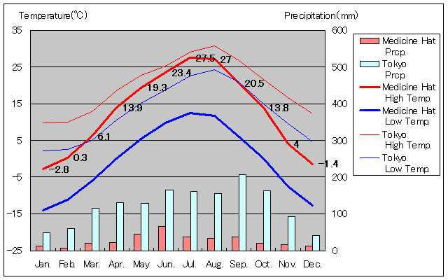メディシン・ハット気温、一年を通した月別気温グラフ