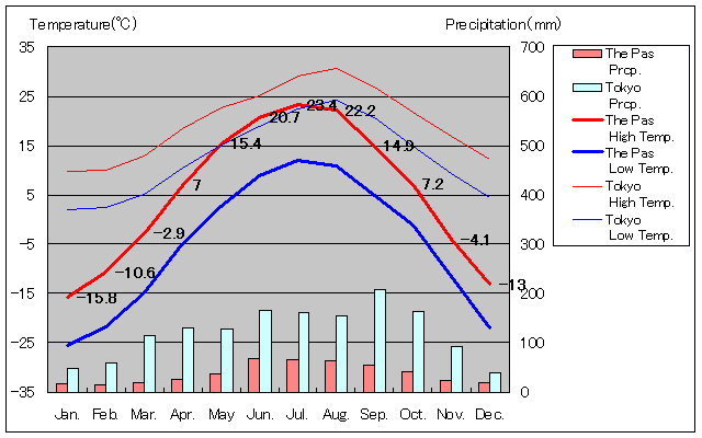 ザ・パス気温、一年を通した月別気温グラフ