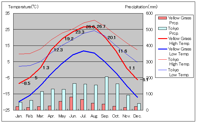 イエロー・グラス気温、一年を通した月別気温グラフ