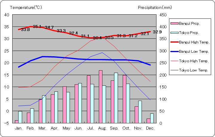バンギ気温、一年を通した月別気温グラフ