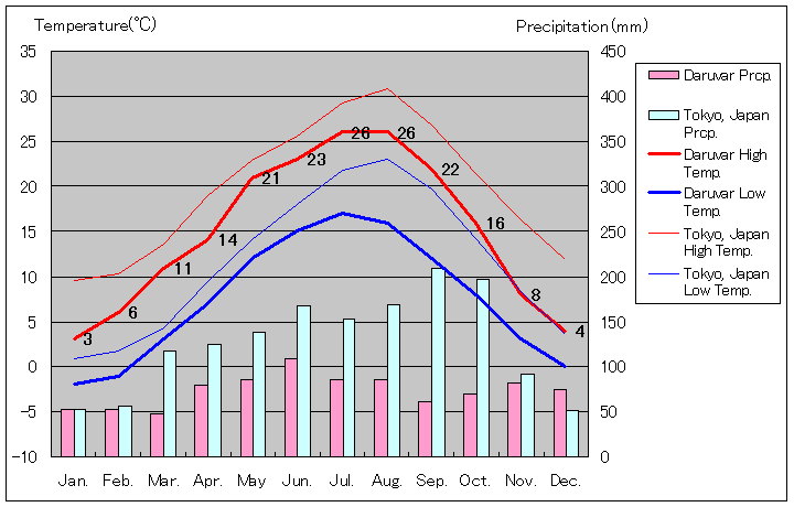 ダルバル気温、一年を通した月別気温グラフ