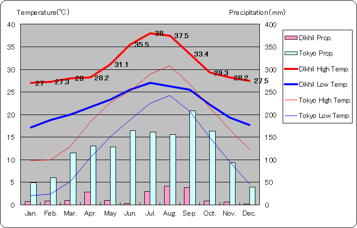 ディキル気温、一年を通した月別気温グラフ