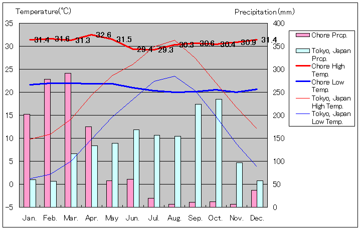 チョネ気温、一年を通した月別気温グラフ